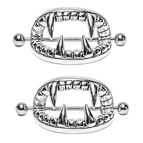 2× Vampire Teeth Nipple Ring 316L Stainless Steel Shield Bar Kredy Piercing 14G